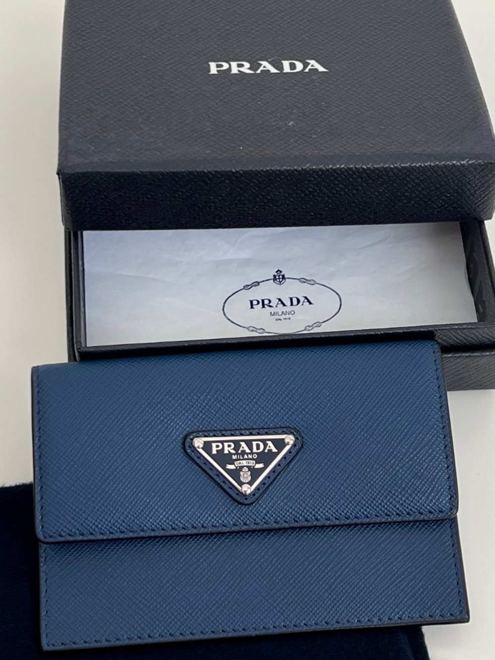 Prada Women's Wallet Credit Card Holder Saffiano Leather Blue Metal Logo SnapNew